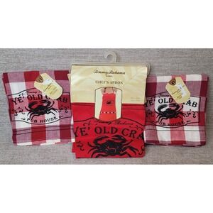 Tommy Bahama Red White Ye Old Crab Griller Apron & Kitchen Towels NEW OLD STOCK